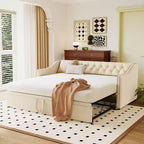 Okak Twin Size Daybed with Pop Up Trundle Upholstered Bed Sofa Bed Frame with Backrest for Living Room Bedroom Guest Room