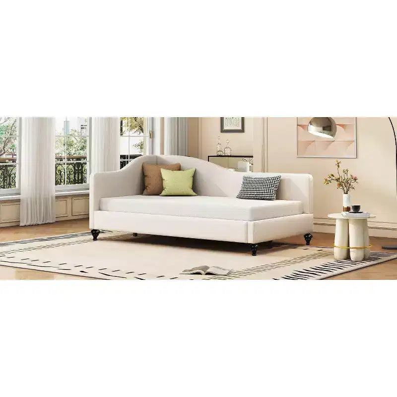 Divano Letto in Lino Twin/Full Size Okak con Struttura a L Imbottita e Gambe in Legno Massiccio Facile da Montare