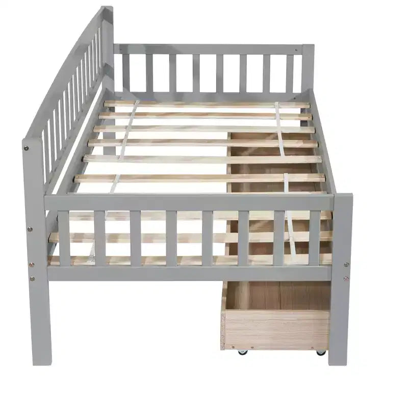 MAYEERTY Divano Letto in Legno di Pino con Due Cassetti Contenitore, 10 Doghe di Supporto, Grigio