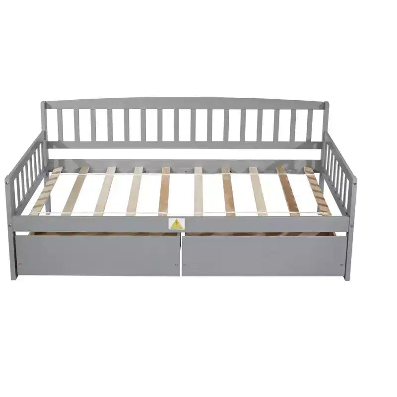 MAYEERTY Divano Letto in Legno di Pino con Due Cassetti Contenitore, 10 Doghe di Supporto, Grigio