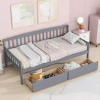 MAYEERTY Divano Letto in Legno di Pino con Due Cassetti Contenitore, 10 Doghe di Supporto, Grigio