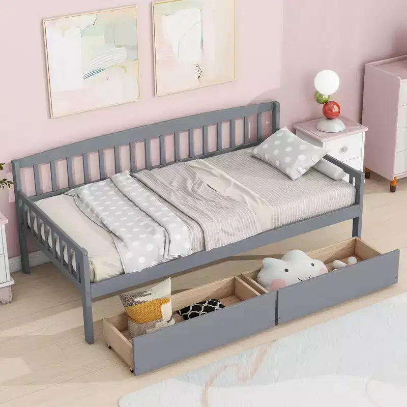 MAYEERTY Divano Letto in Legno di Pino con Due Cassetti Contenitore, 10 Doghe di Supporto, Grigio