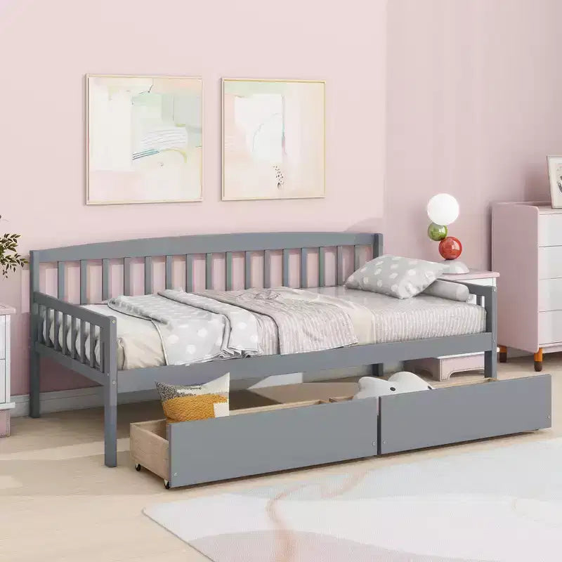 MAYEERTY Divano Letto in Legno di Pino con Due Cassetti Contenitore, 10 Doghe di Supporto, Grigio