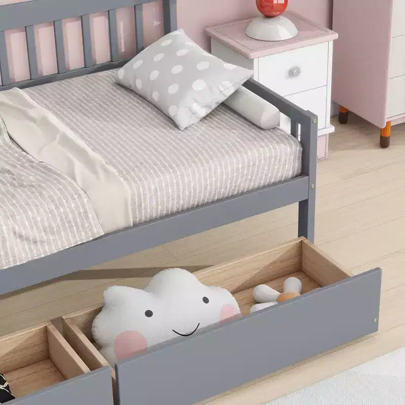 MAYEERTY Divano Letto in Legno di Pino con Due Cassetti Contenitore, 10 Doghe di Supporto, Grigio