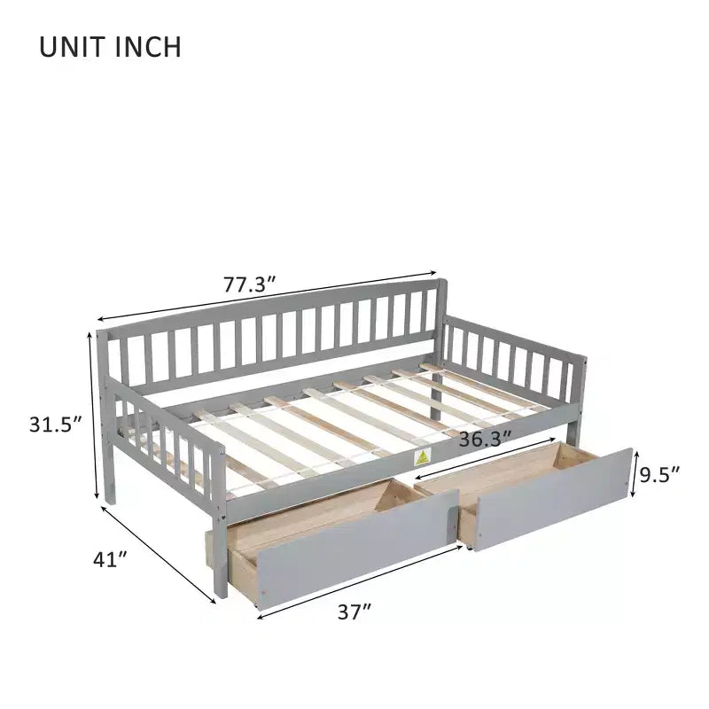 MAYEERTY Divano Letto in Legno di Pino con Due Cassetti Contenitore, 10 Doghe di Supporto, Grigio