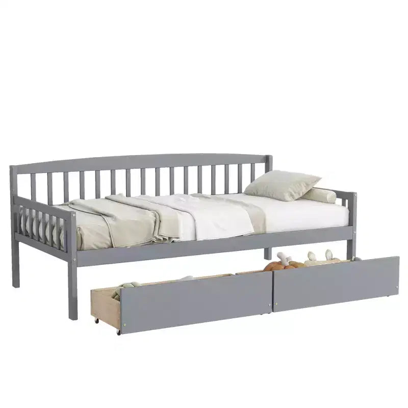 MAYEERTY Divano Letto in Legno di Pino con Due Cassetti Contenitore, 10 Doghe di Supporto, Grigio