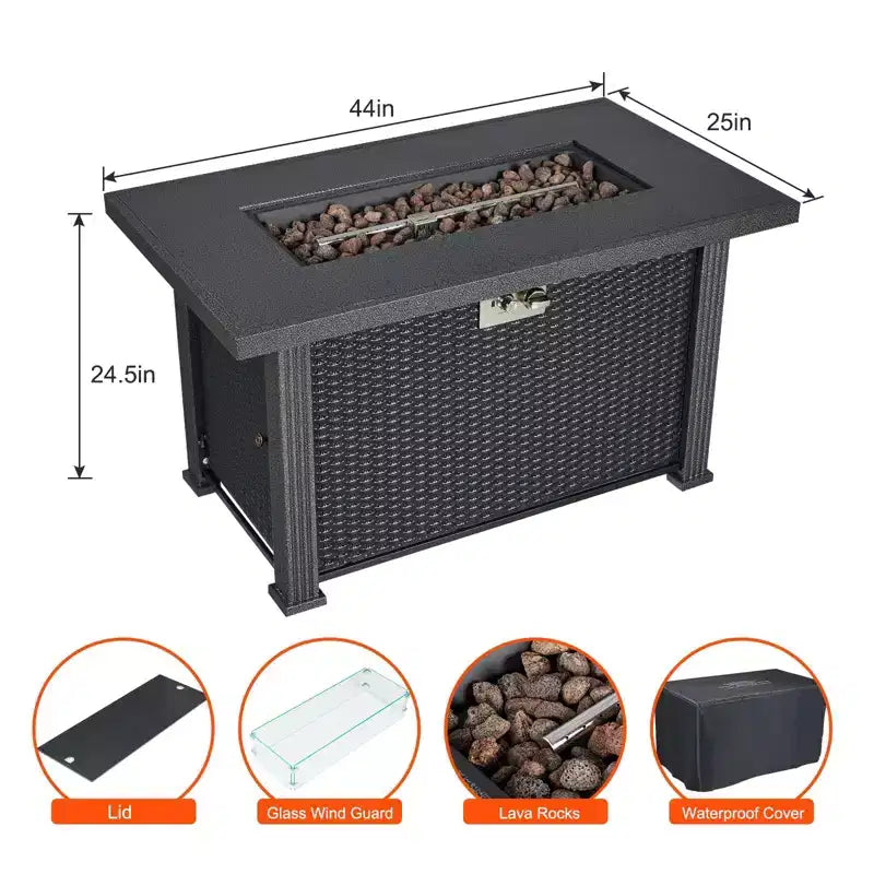 Tavolo rettangolare con braciere a gas da 44 pollici per esterni, 50000 BTU, a propano, con copertura e telo antipioggia per giardino, cortile e patio