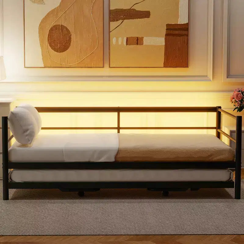 ModernLuxe Letto a una piazza e mezza in metallo con luci LED e letto estraibile regolabile a scomparsa, capacità 158 kg, nessuna rete a molle necessaria, nero/bianco