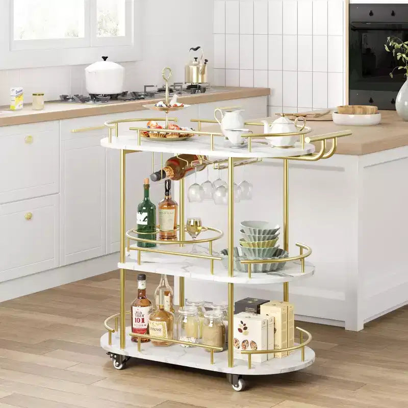 Gold Bar Cart, 3 Tier Bar Carts with Wheels, Rotated Bar Cart with Wine Rack and Glass Holder, Bar Serving Cart for Living Room, Kitchen, Dining Room