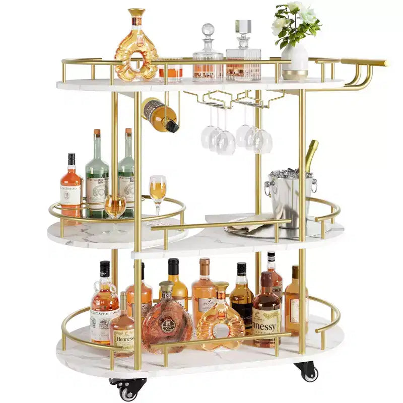 Carrello Bar Oro, Carrello Bar a 3 Livelli con Ruote, Carrello Bar Rotante con Porta Vino e Porta Bicchieri, Carrello Bar per Soggiorno, Cucina, Sala da Pranzo