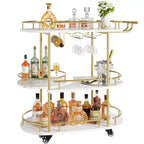 Carrello Bar Oro, Carrello Bar a 3 Livelli con Ruote, Carrello Bar Rotante con Porta Vino e Porta Bicchieri, Carrello Bar per Soggiorno, Cucina, Sala da Pranzo