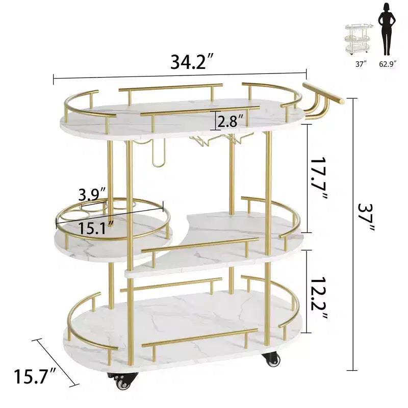Carrello Bar Oro, Carrello Bar a 3 Livelli con Ruote, Carrello Bar Rotante con Porta Vino e Porta Bicchieri, Carrello Bar per Soggiorno, Cucina, Sala da Pranzo
