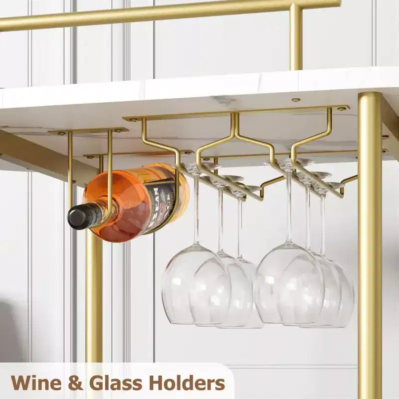 Carrello Bar Oro, Carrello Bar a 3 Livelli con Ruote, Carrello Bar Rotante con Porta Vino e Porta Bicchieri, Carrello Bar per Soggiorno, Cucina, Sala da Pranzo