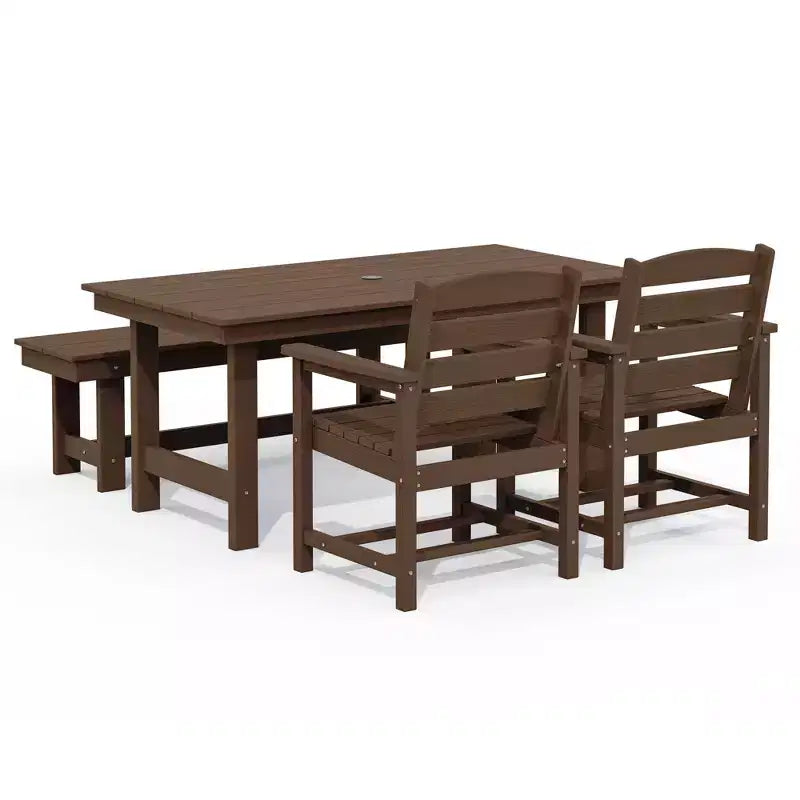 Hyleory Set da Pranzo per Esterni in HDPE Riciclato 4 Pezzi - Tavolo Rettangolare e Foro per Ombrellone, Panca da Pranzo per Esterni, 2 Poltrone da Esterni