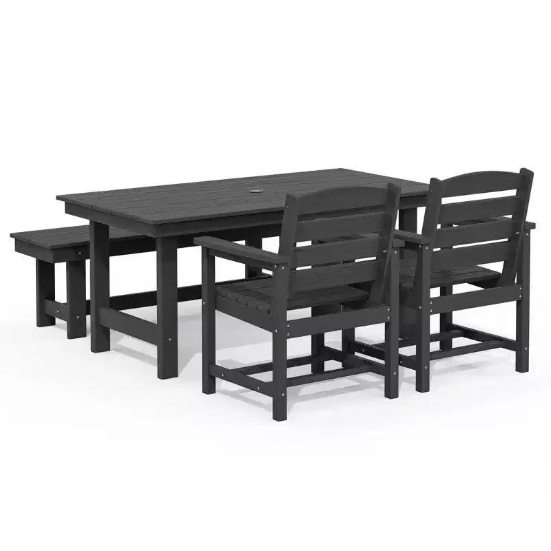 Hyleory Set da Pranzo per Esterni in HDPE Riciclato 4 Pezzi - Tavolo Rettangolare e Foro per Ombrellone, Panca da Pranzo per Esterni, 2 Poltrone da Esterni