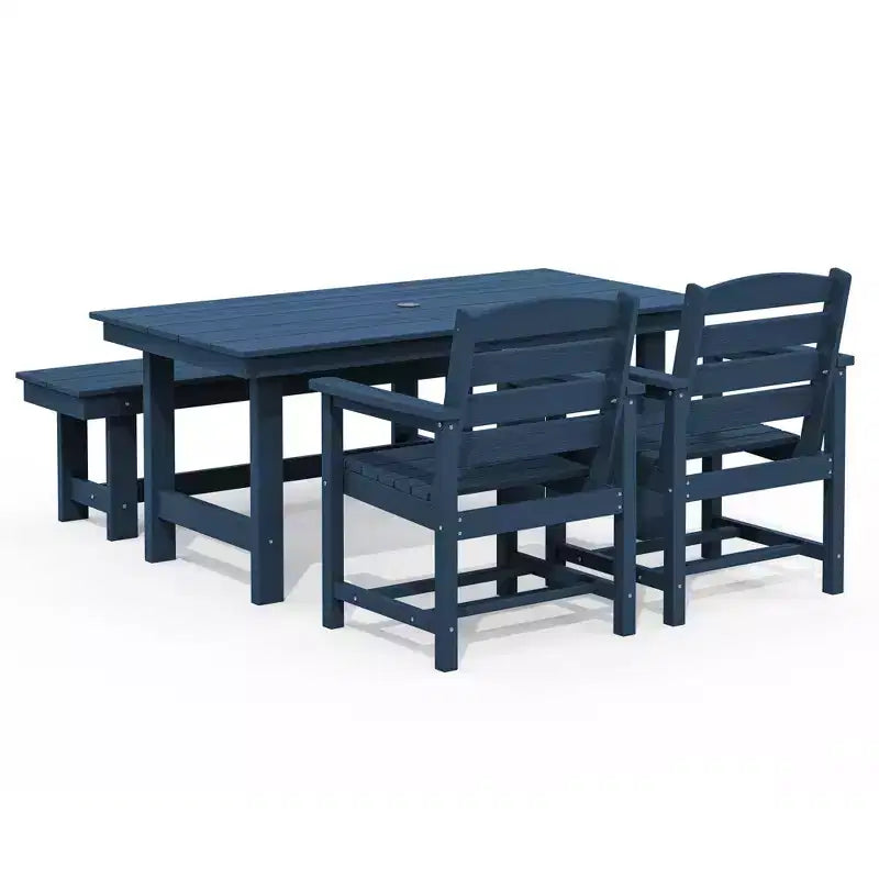 Hyleory Set da Pranzo per Esterni in HDPE Riciclato 4 Pezzi - Tavolo Rettangolare e Foro per Ombrellone, Panca da Pranzo per Esterni, 2 Poltrone da Esterni