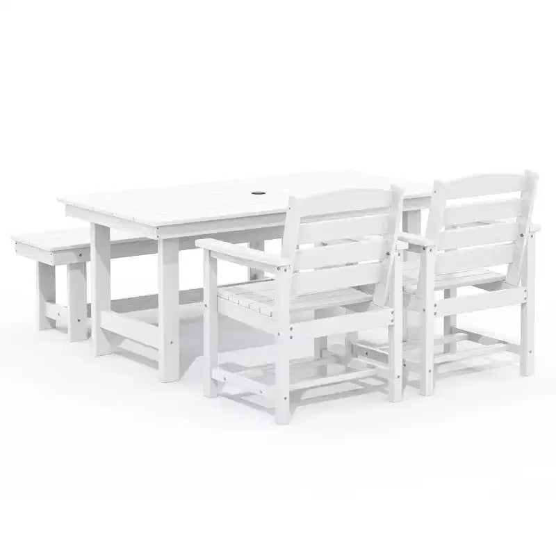 Hyleory Set da Pranzo per Esterni in HDPE Riciclato 4 Pezzi - Tavolo Rettangolare e Foro per Ombrellone, Panca da Pranzo per Esterni, 2 Poltrone da Esterni