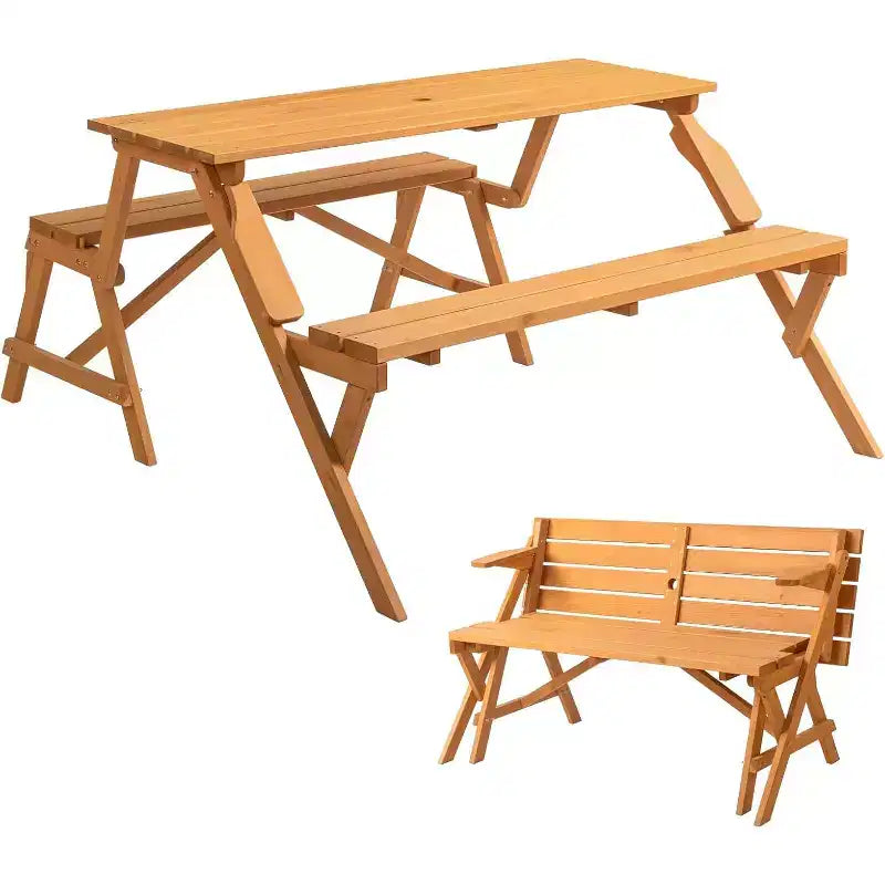 VINGLI 2-in-1 Convertible Outdoor Picnic Table with Umbrella Hole, Bench Set for Garden, Patio