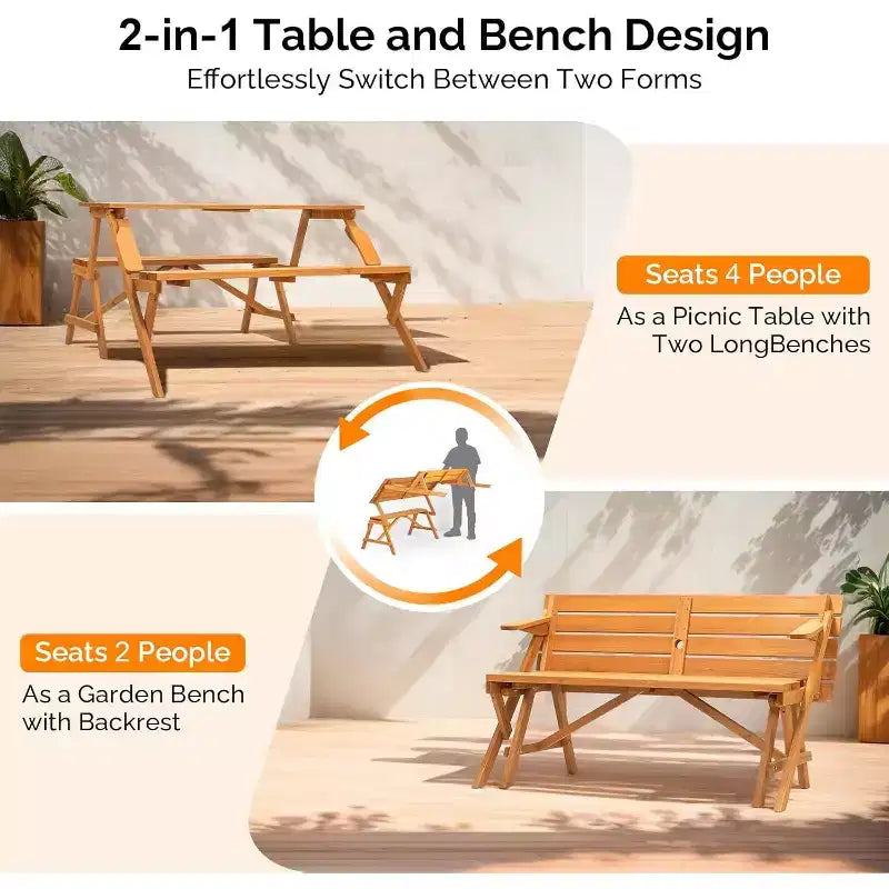 VINGLI Tavolo da picnic convertibile 2 in 1 da esterno con foro per ombrellone, set panca per giardino, patio