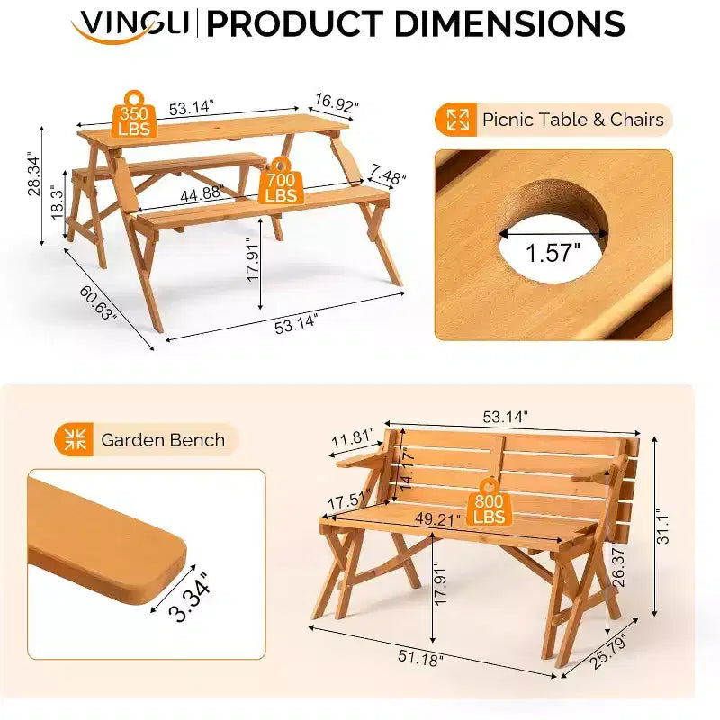VINGLI Tavolo da picnic convertibile 2 in 1 da esterno con foro per ombrellone, set panca per giardino, patio