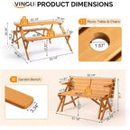 VINGLI Tavolo da picnic convertibile 2 in 1 da esterno con foro per ombrellone, set panca per giardino, patio
