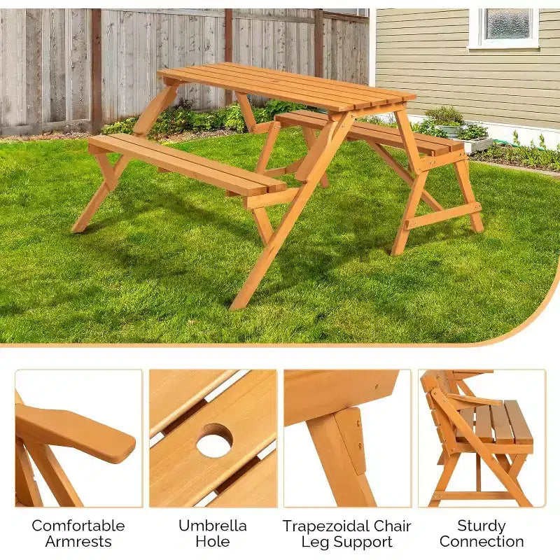 VINGLI Tavolo da picnic convertibile 2 in 1 da esterno con foro per ombrellone, set panca per giardino, patio