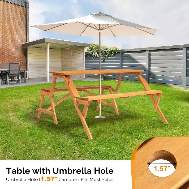 VINGLI Tavolo da picnic convertibile 2 in 1 da esterno con foro per ombrellone, set panca per giardino, patio