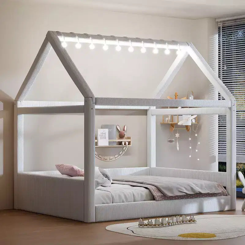 Letto a giorno imbottito Merax Full Size a forma di casetta con strisce LED