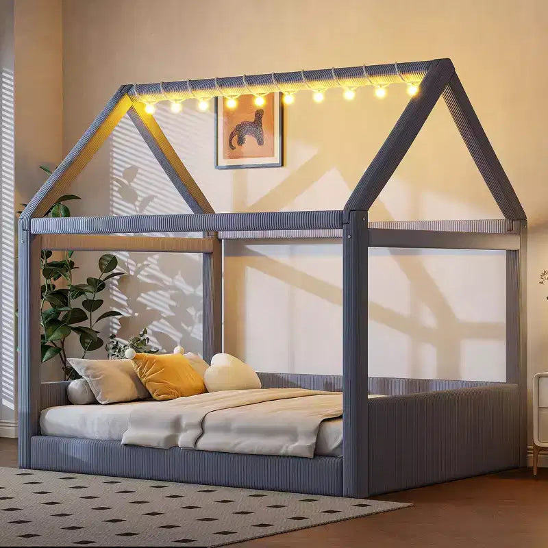 Letto a giorno imbottito Merax Full Size a forma di casetta con strisce LED