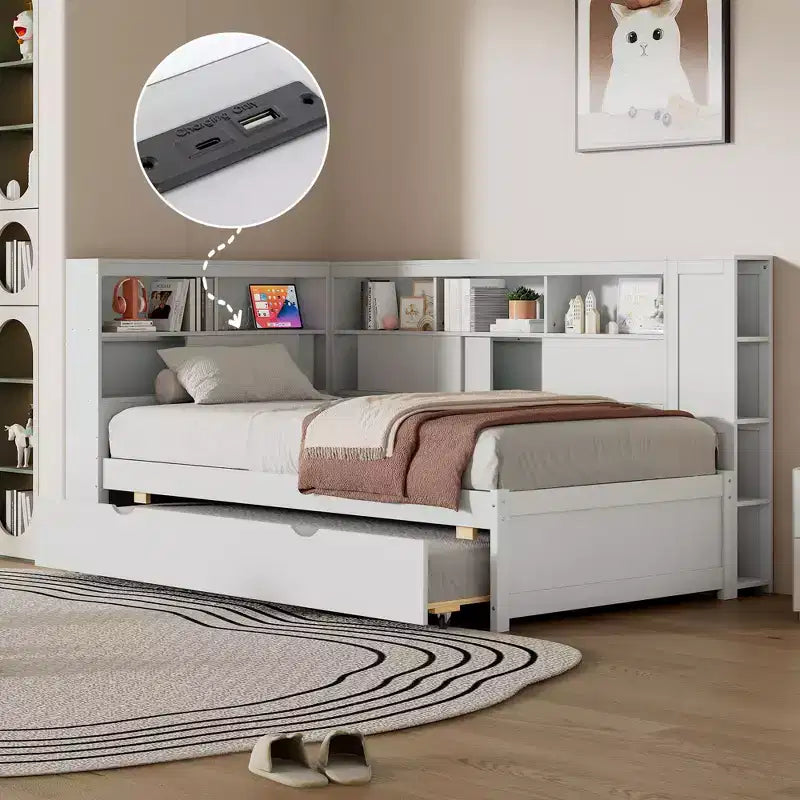 Letto a giorno in legno Whisen Twin con mensole e letto estraibile