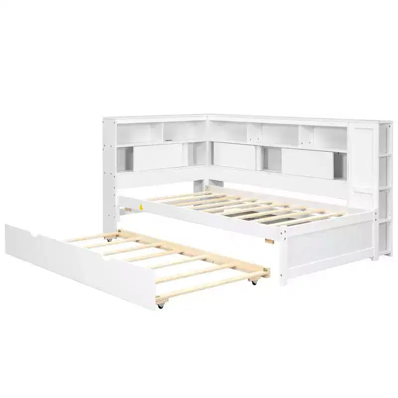 Letto a giorno in legno Whisen Twin con mensole e letto estraibile