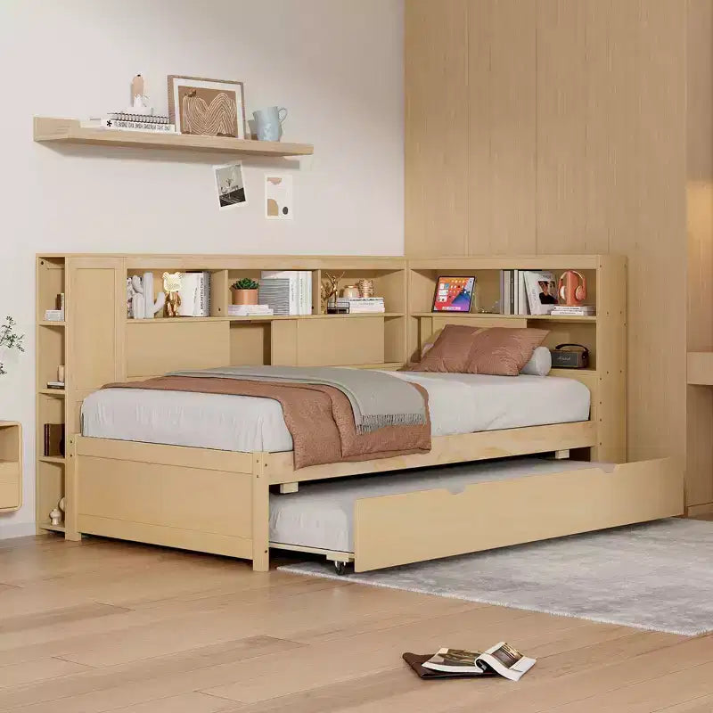 Letto a giorno in legno Whisen Twin con mensole e letto estraibile