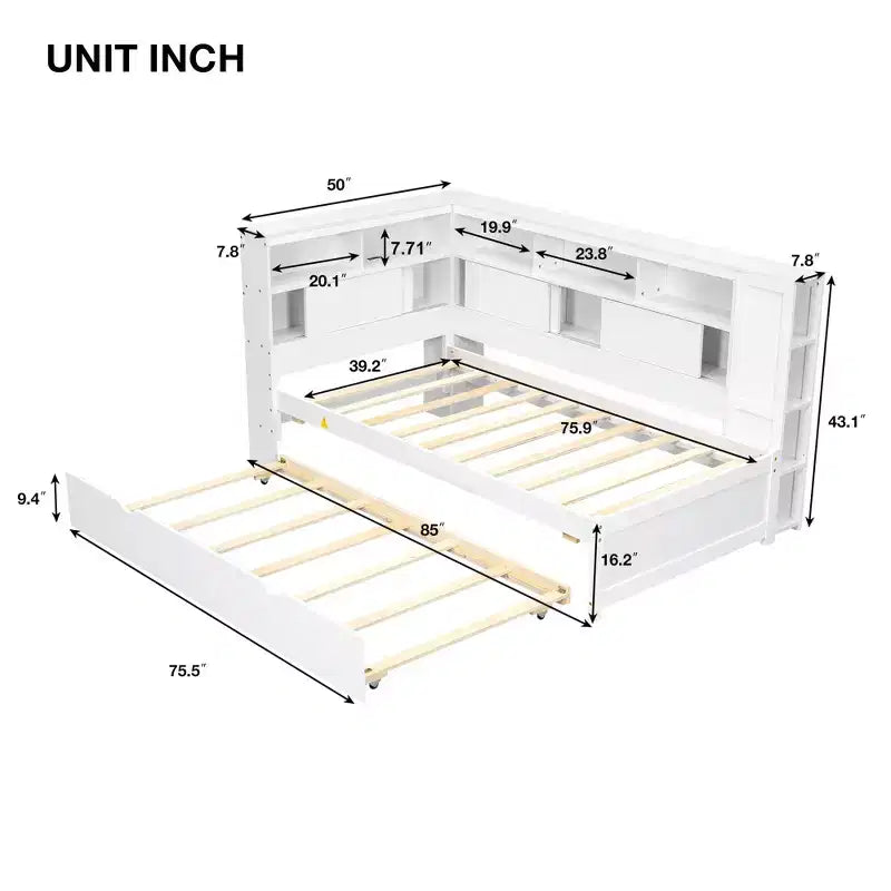 Letto a giorno in legno Whisen Twin con mensole e letto estraibile