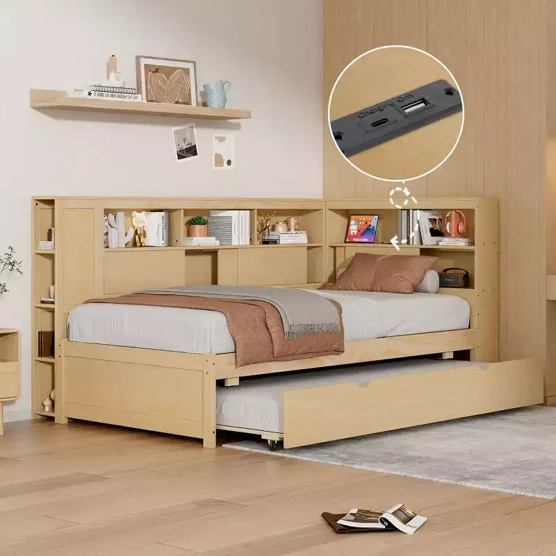 Letto a giorno in legno Whisen Twin con mensole e letto estraibile