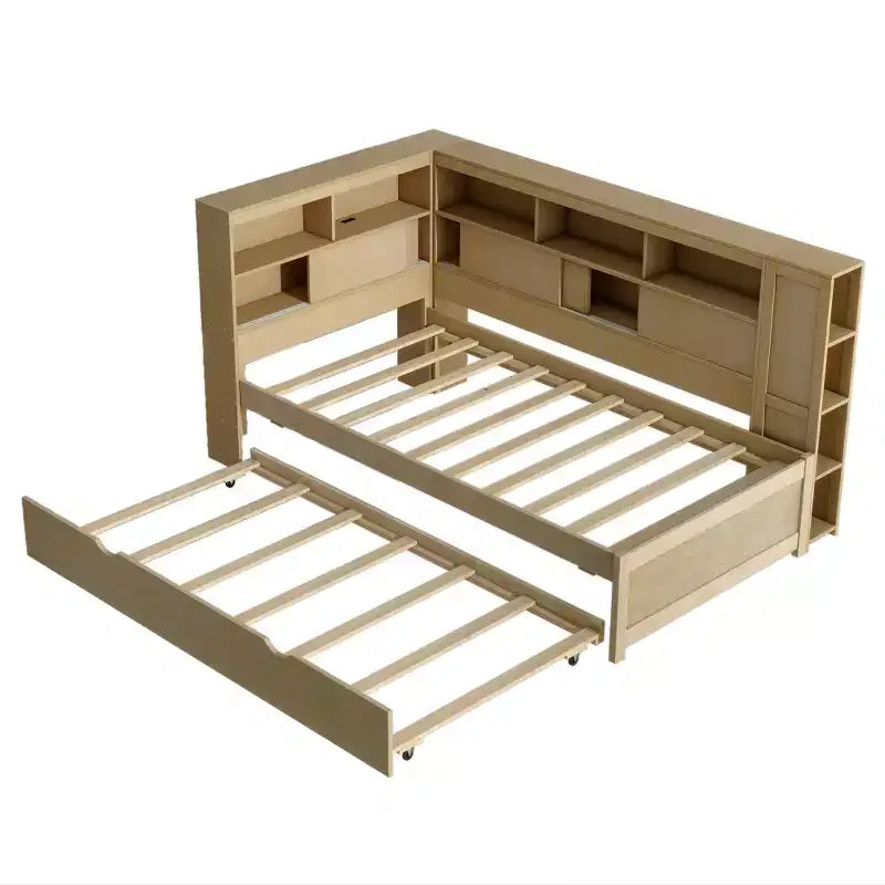 Letto a giorno in legno Whisen Twin con mensole e letto estraibile
