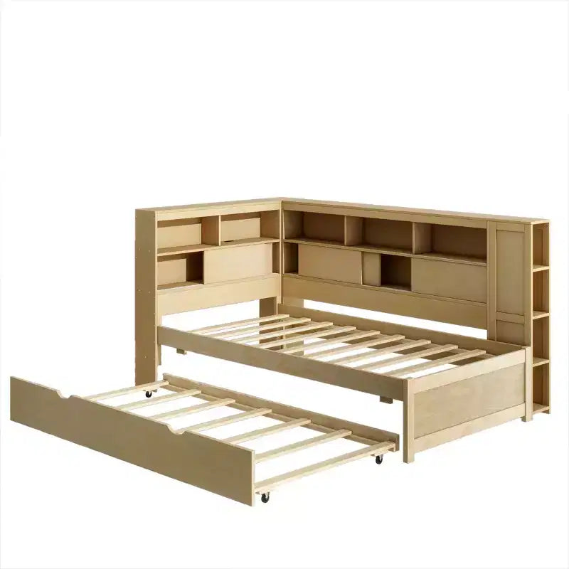 Letto a giorno in legno Whisen Twin con mensole e letto estraibile