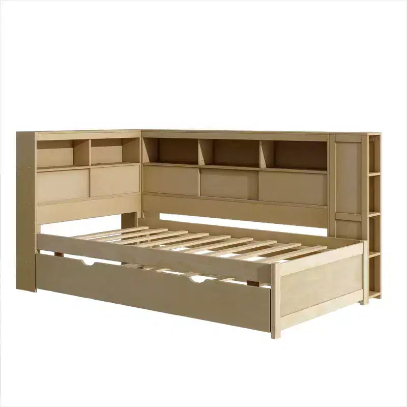 Letto a giorno in legno Whisen Twin con mensole e letto estraibile