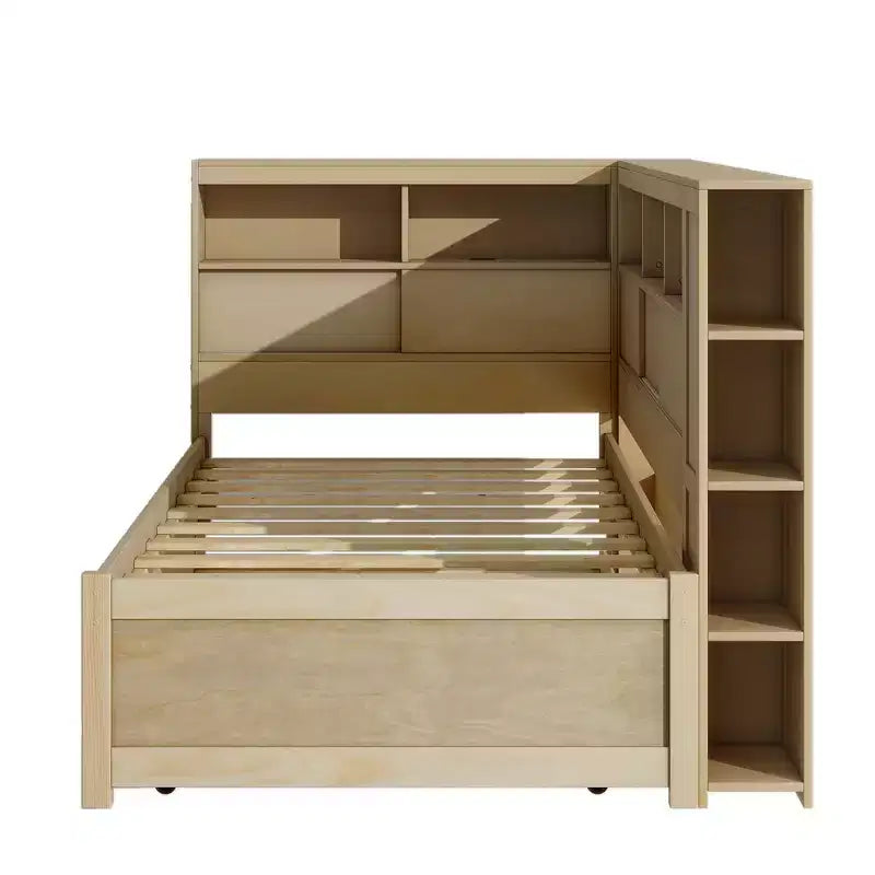 Letto a giorno in legno Whisen Twin con mensole e letto estraibile