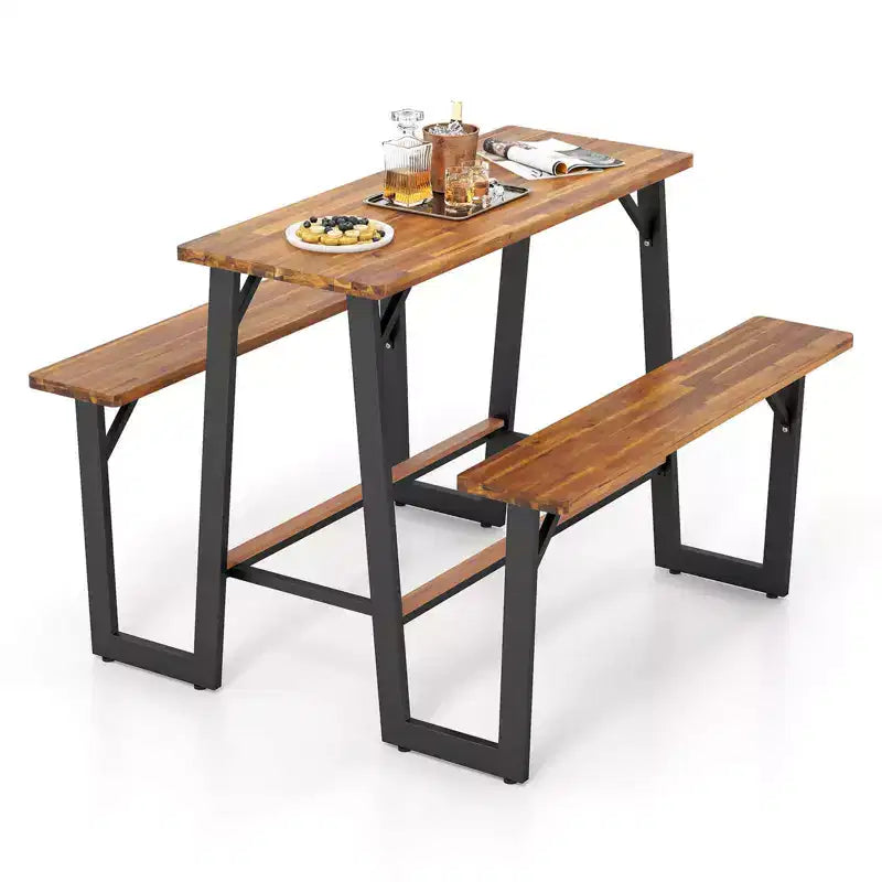 Set Panca con Tavolo da Picnic per Patio Costway con Piani in Legno di Acacia e Poggiapiedi Integrati