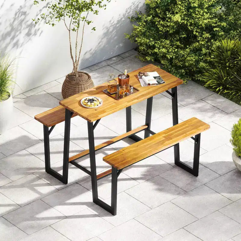 Set Panca con Tavolo da Picnic per Patio Costway con Piani in Legno di Acacia e Poggiapiedi Integrati