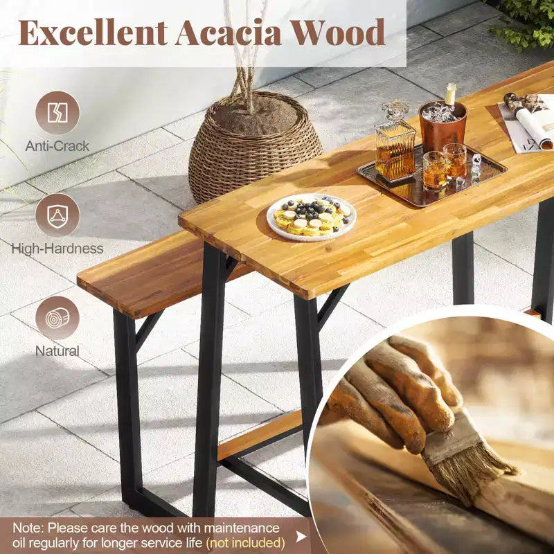 Set Panca con Tavolo da Picnic per Patio Costway con Piani in Legno di Acacia e Poggiapiedi Integrati
