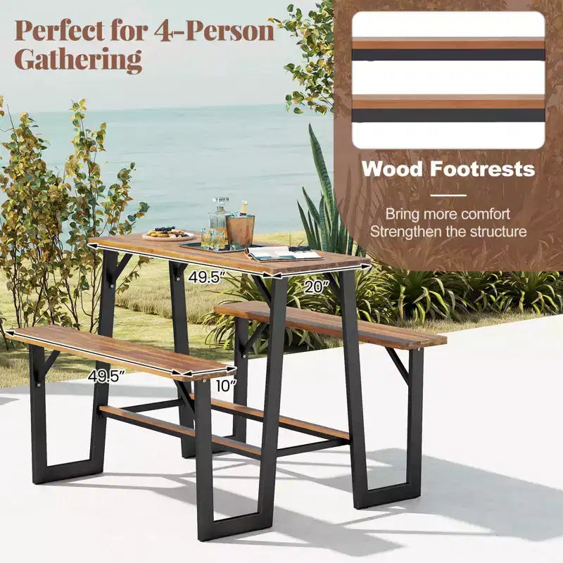 Set Panca con Tavolo da Picnic per Patio Costway con Piani in Legno di Acacia e Poggiapiedi Integrati