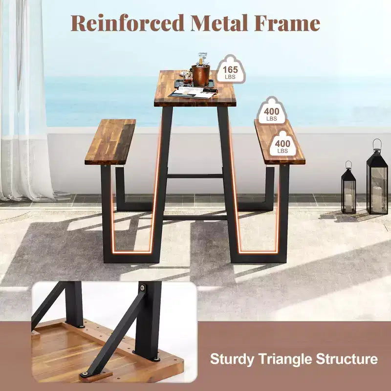 Set Panca con Tavolo da Picnic per Patio Costway con Piani in Legno di Acacia e Poggiapiedi Integrati