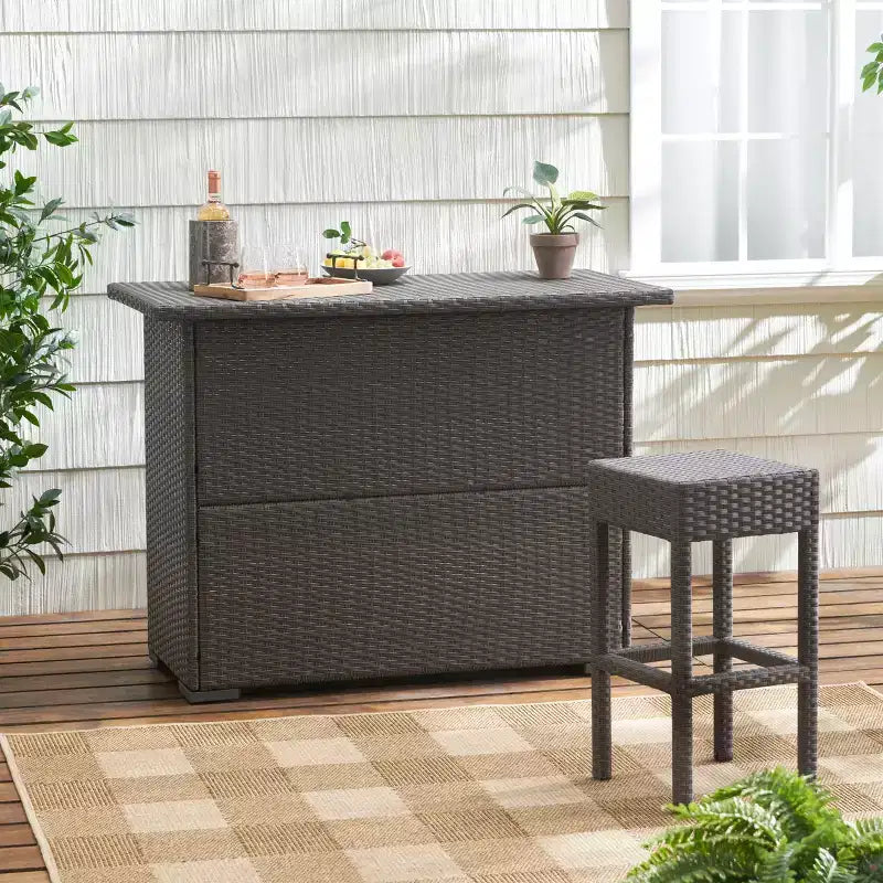 GDFStudio Emmons Outdoor Wicker Storage Bar Table with 3 Shelves