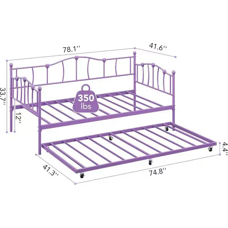 Daybed singolo in metallo viola con letto estraibile, motivo a cuore, supporto con doghe in acciaio, nessun materasso a molle necessario, divano letto salvaspazio