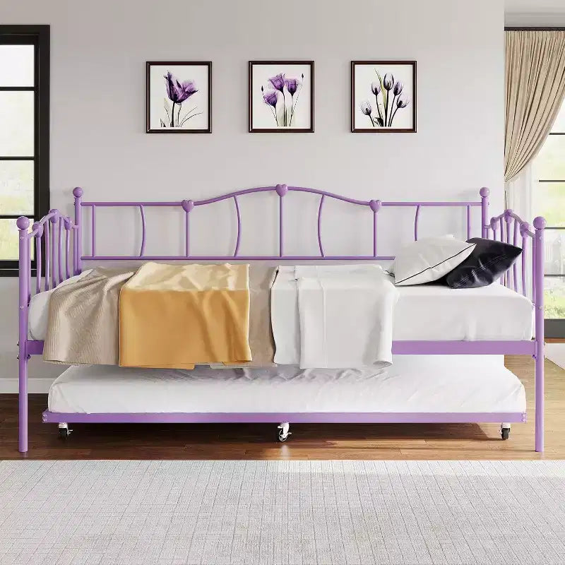 Daybed singolo in metallo viola con letto estraibile, motivo a cuore, supporto con doghe in acciaio, nessun materasso a molle necessario, divano letto salvaspazio