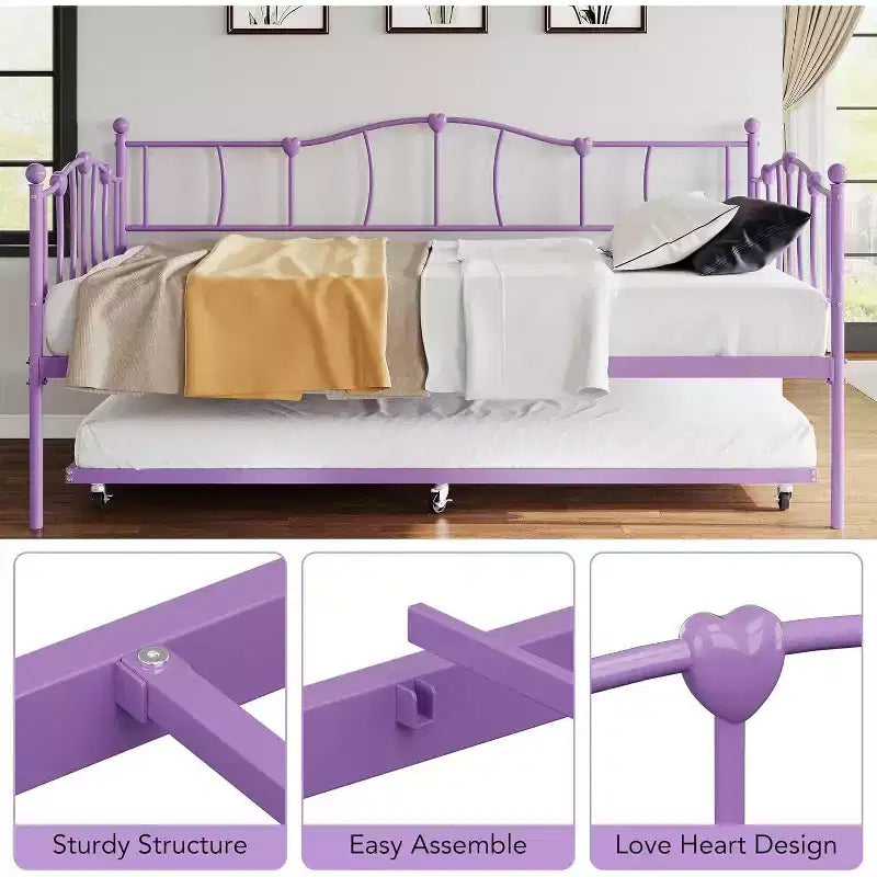 Daybed singolo in metallo viola con letto estraibile, motivo a cuore, supporto con doghe in acciaio, nessun materasso a molle necessario, divano letto salvaspazio