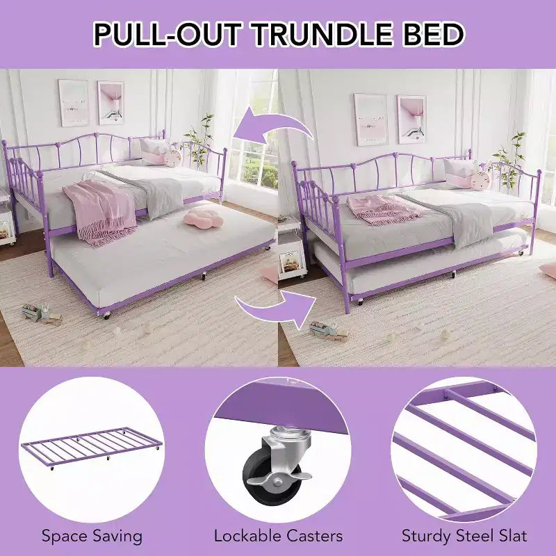 Daybed singolo in metallo viola con letto estraibile, motivo a cuore, supporto con doghe in acciaio, nessun materasso a molle necessario, divano letto salvaspazio
