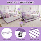 Daybed singolo in metallo viola con letto estraibile, motivo a cuore, supporto con doghe in acciaio, nessun materasso a molle necessario, divano letto salvaspazio