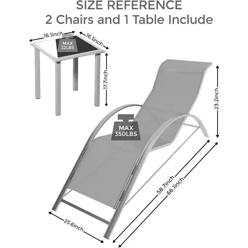 Set di 3 sedie a sdraio da esterno, sdraio da giardino/piscina/spiaggia con braccioli e tavolino laterale, per piscina, cortile